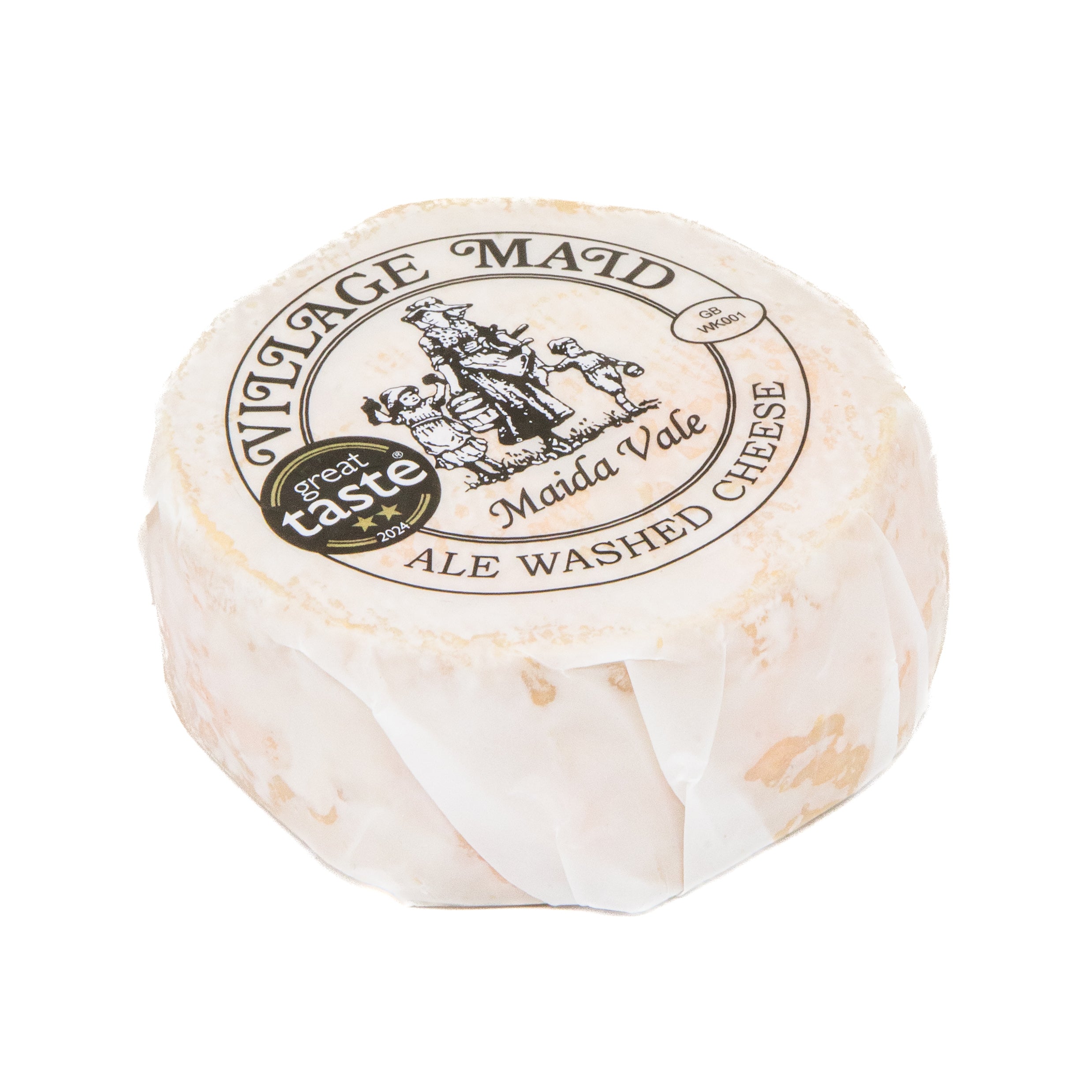 Round cheese with 'Maiden Vale' label on a white background